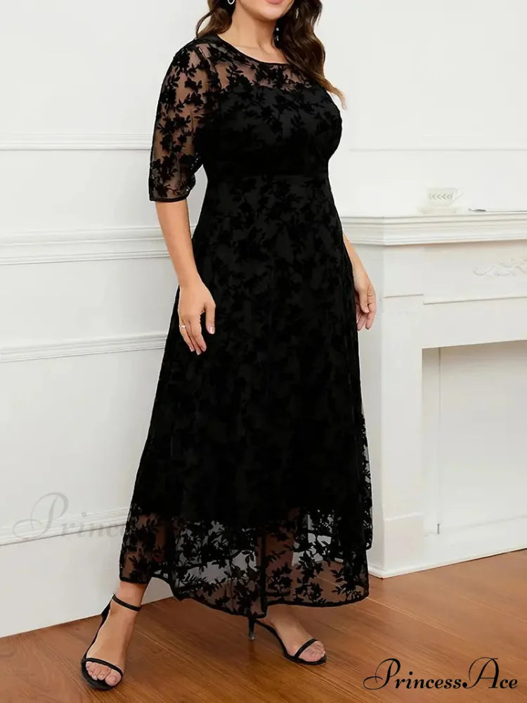 Plus Size Black Lace Embroidery Ruffled Hem Maxi Dress XL / Red