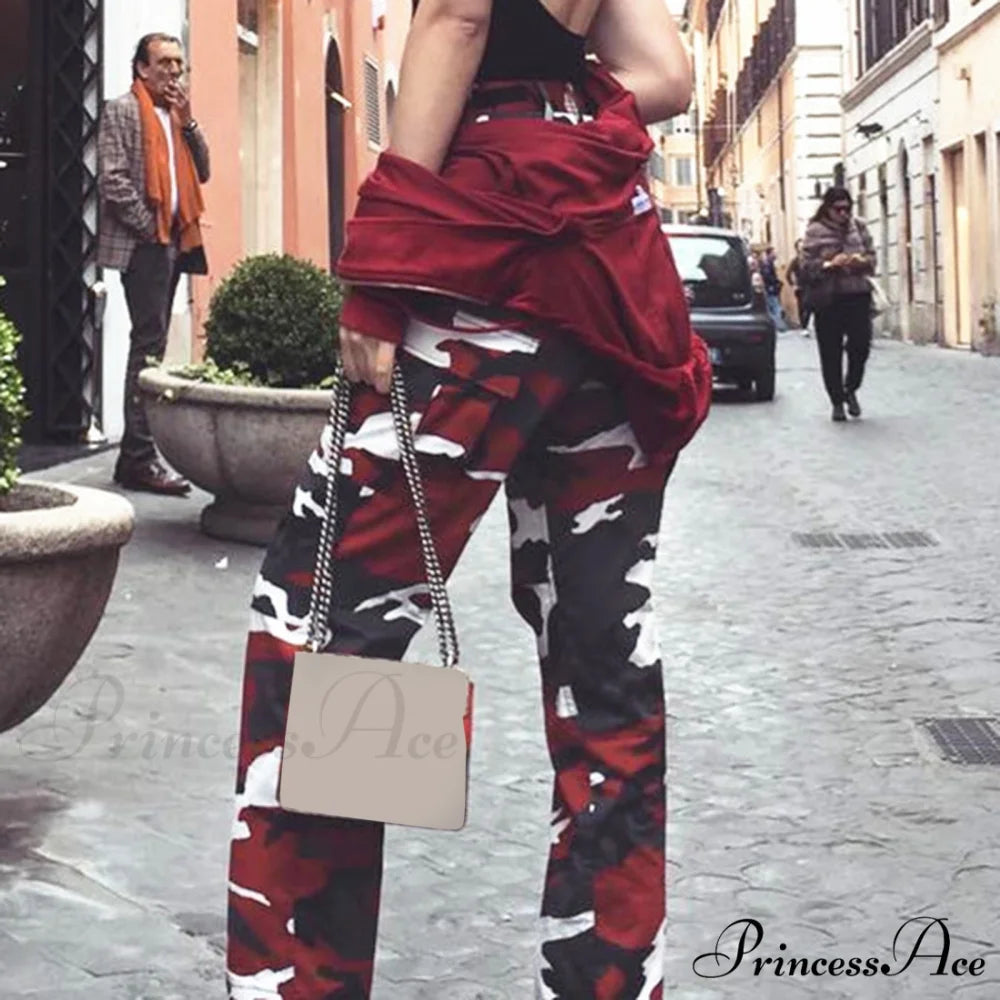 Plus Size Casual Pants Women Cargo Pants Red / M