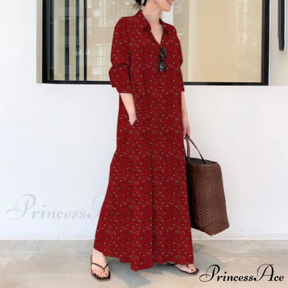 Plus Size Cotton Linen Dresses Red / S
