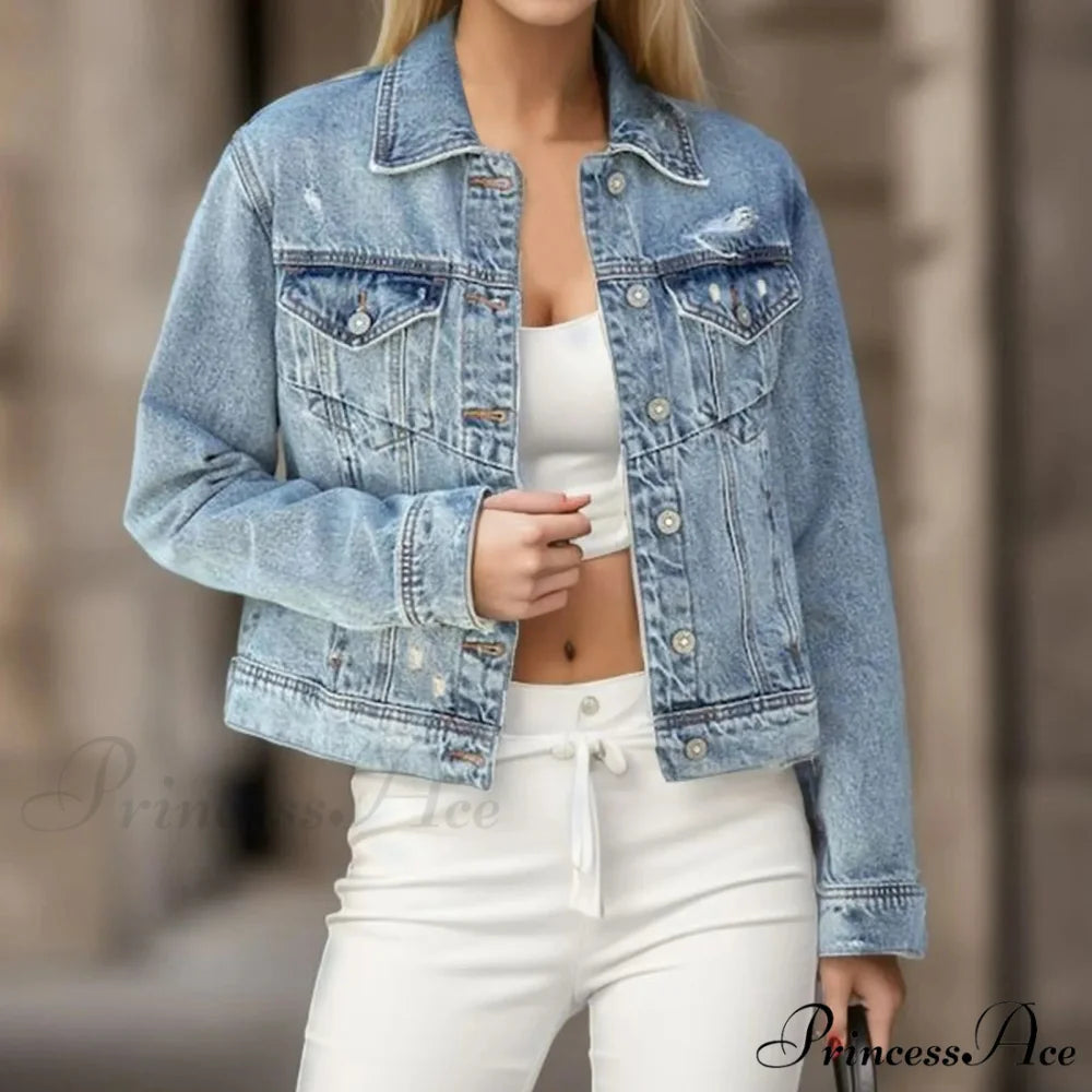 Plus Size Distressed Light Wash Denim Wi Ripped Holes Short Chic Stylish Fashionable Versatile Winter Jacket Light Blue
