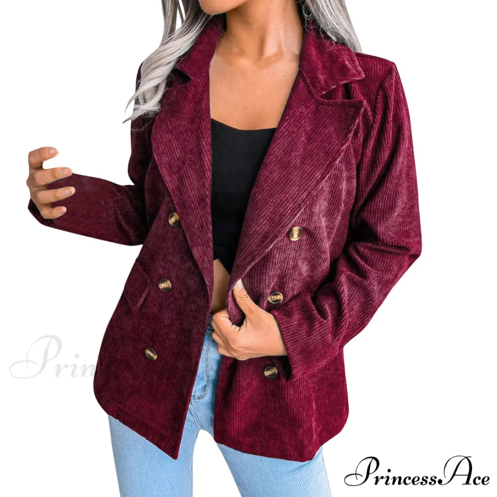 Plus Size Double Breasted Corduroy Long Sleeve Work Office Boyfriend Blazer Chic Stylish Elegant Fashionable Versatile