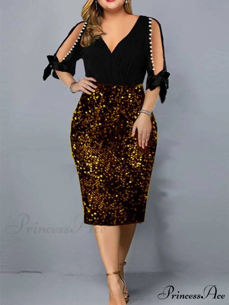Plus Size Dresses Midi Loose Party Dress Black gold / S