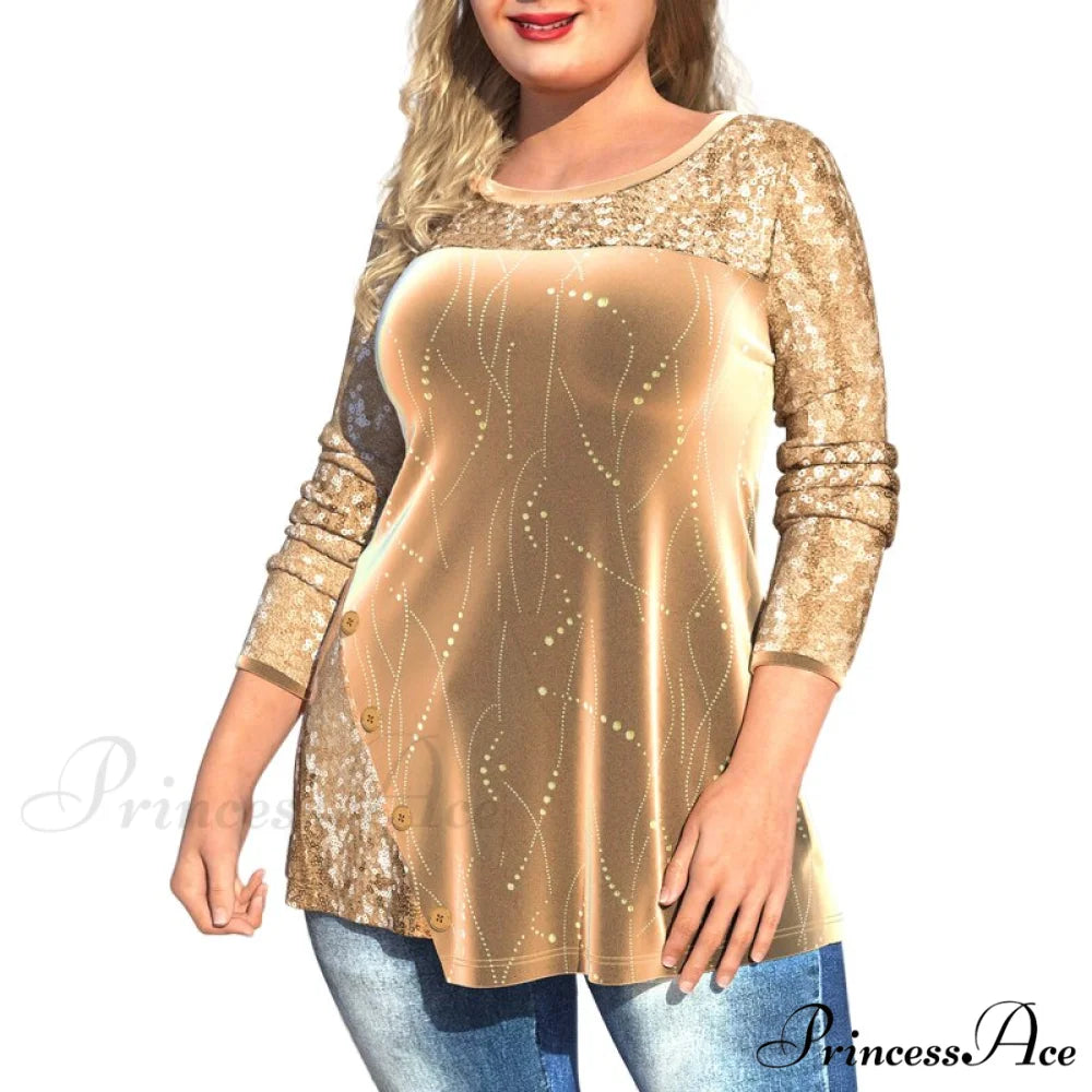Plus Size Graphic Printed Sequins Patchwork Round Neck T Shirt