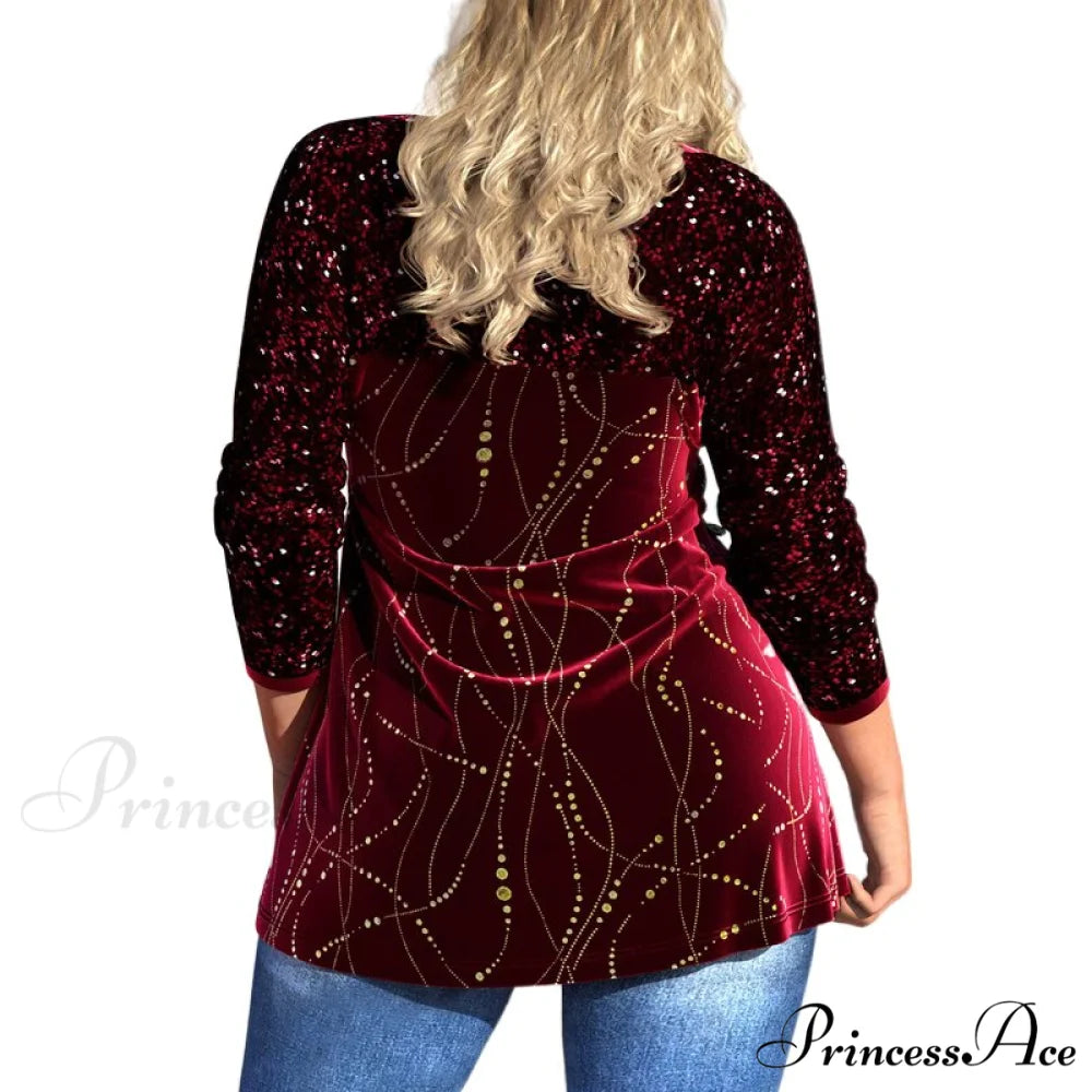 Plus Size Graphic Printed Sequins Patchwork Round Neck T Shirt