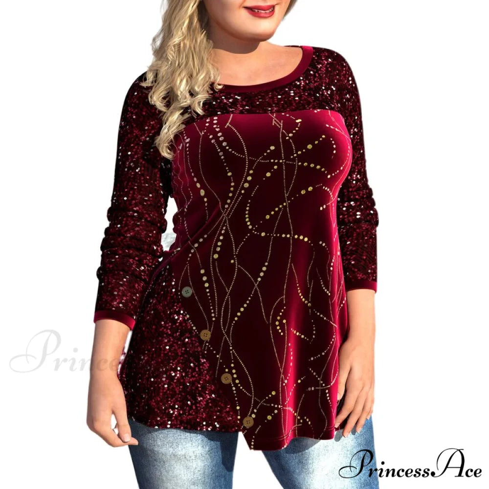 Plus Size Graphic Printed Sequins Patchwork Round Neck T Shirt