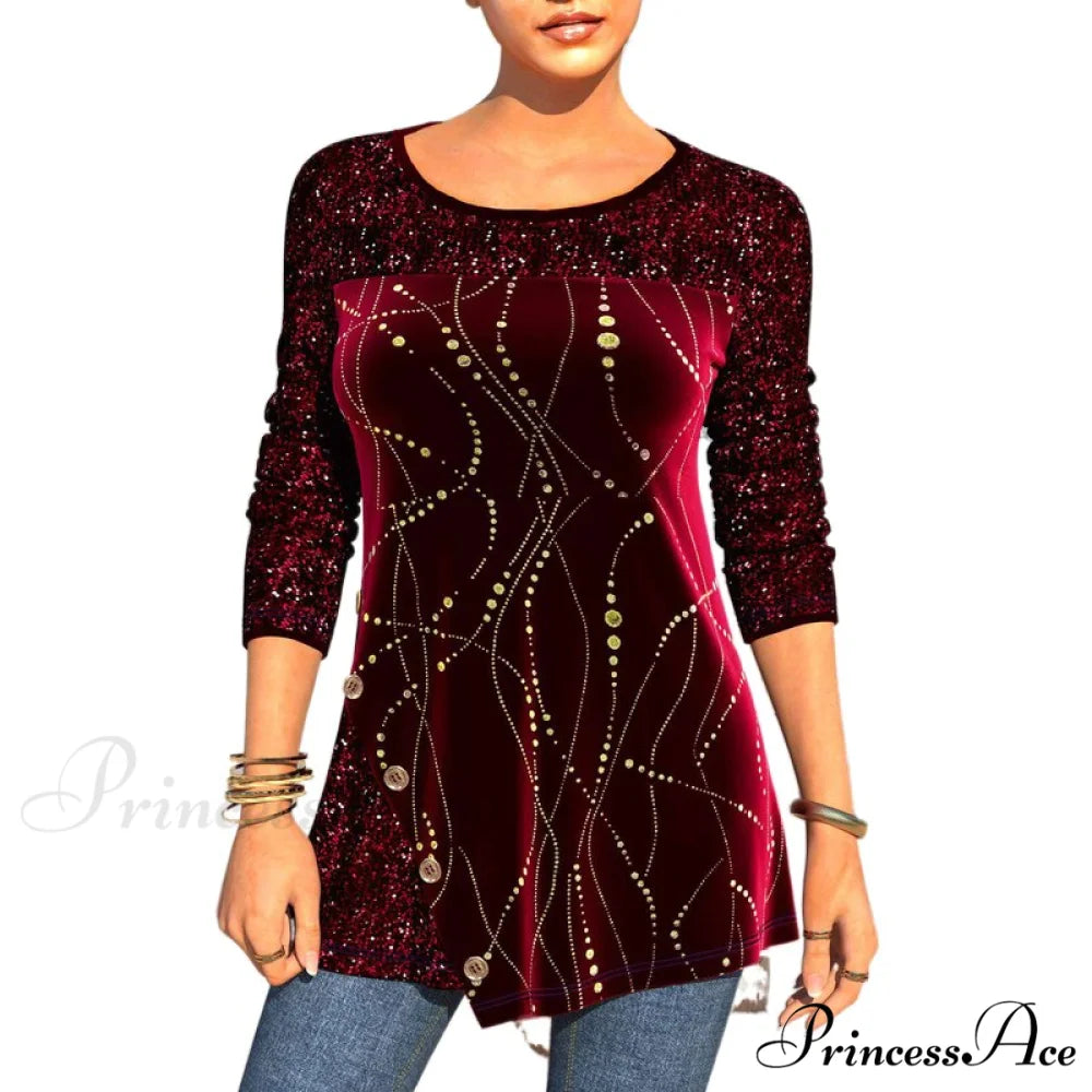 Plus Size Graphic Printed Sequins Patchwork Round Neck T Shirt