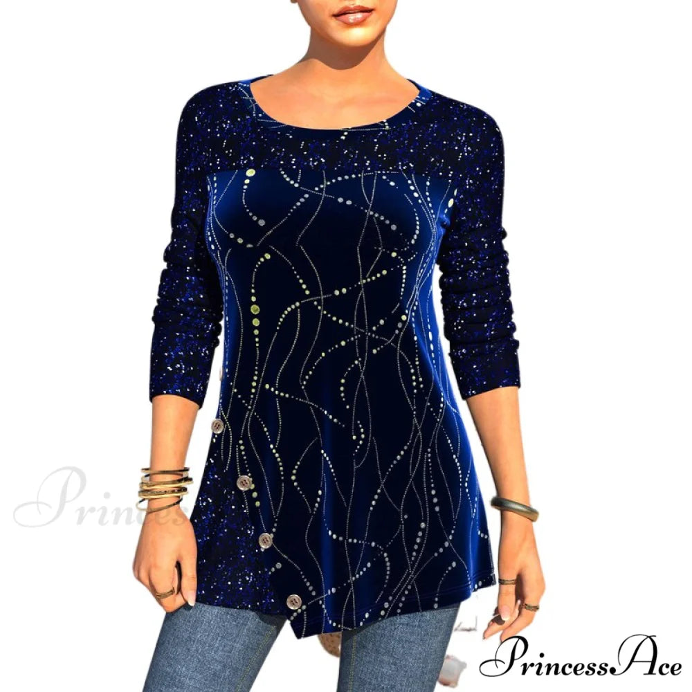 Plus Size Graphic Printed Sequins Patchwork Round Neck T Shirt Blue / L