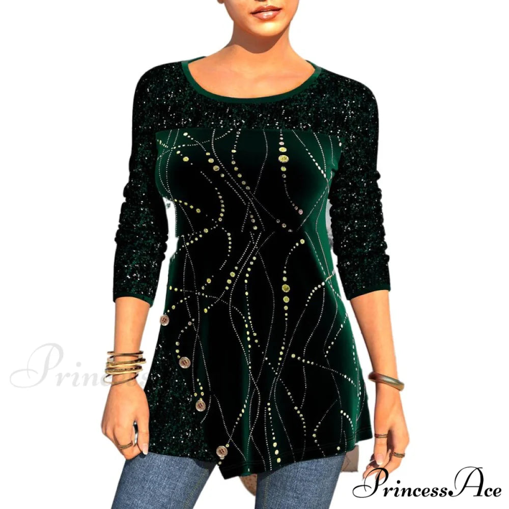 Plus Size Graphic Printed Sequins Patchwork Round Neck T Shirt Green / L