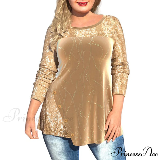 Plus Size Graphic Printed Sequins Patchwork Round Neck T Shirt Khaki / L