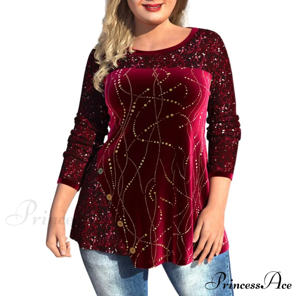 Plus Size Graphic Printed Sequins Patchwork Round Neck T Shirt Red / L