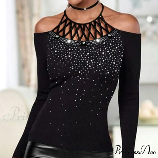 Plus Size Halter Sequins Off The Shoulder Long Sleeve T-shirt Black / S