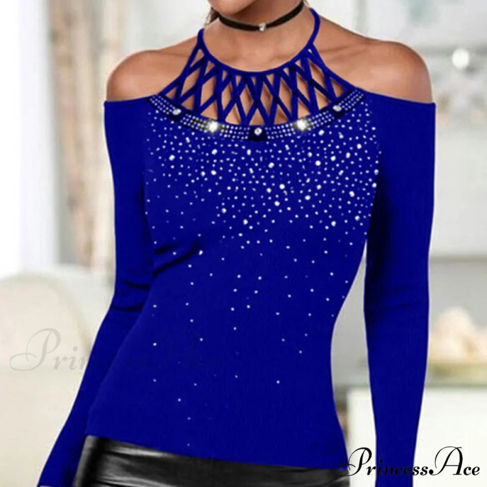 Plus Size Halter Sequins Off The Shoulder Long Sleeve T-shirt Blue / S