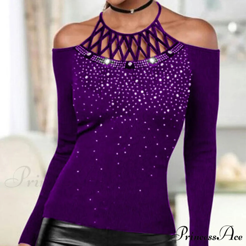 Plus Size Halter Sequins Off The Shoulder Long Sleeve T-shirt Purple / S