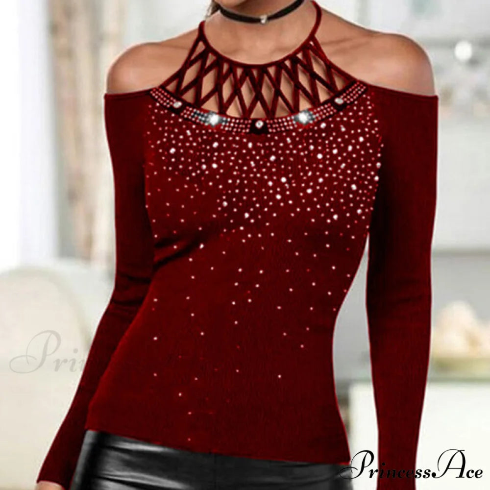 Plus Size Halter Sequins Off The Shoulder Long Sleeve T-shirt Red / S