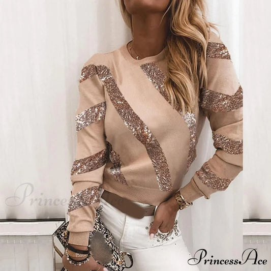 Plus Size O Neck Striped Sequin Long Sleeve T-shirt