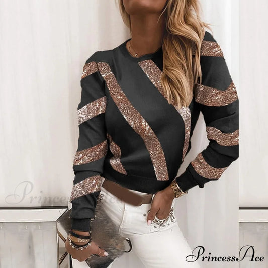 Plus Size O Neck Striped Sequin Long Sleeve T-shirt Black / S