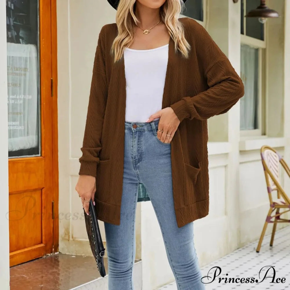 Plus Size Open Front Chunky Knit Cardigan Brown / S