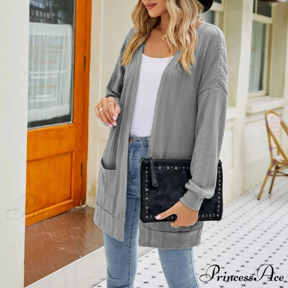 Plus Size Open Front Chunky Knit Cardigan Grey / S
