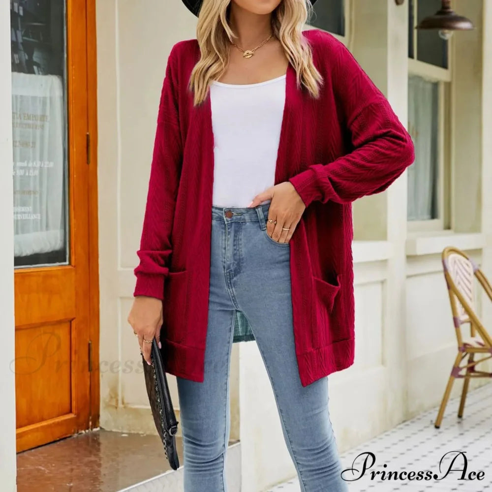 Plus Size Open Front Chunky Knit Cardigan Red / S