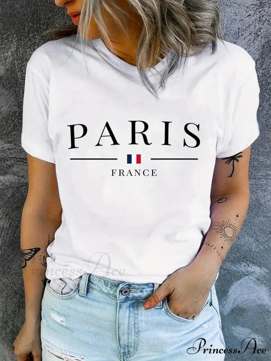 Plus Size PARIS Print Summer & Spring Casual Sleeve Crew Neck Women’s Clothing T-shirt