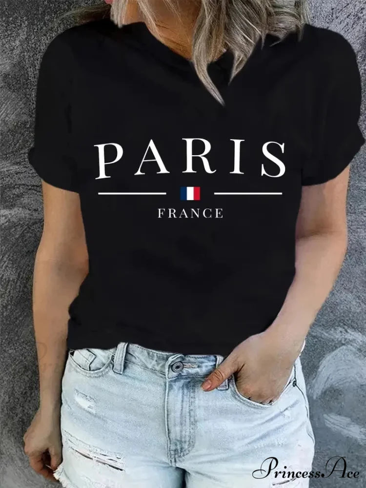 Plus Size PARIS Print Summer & Spring Casual Sleeve Crew Neck Women’s Clothing T-shirt BLACK / L