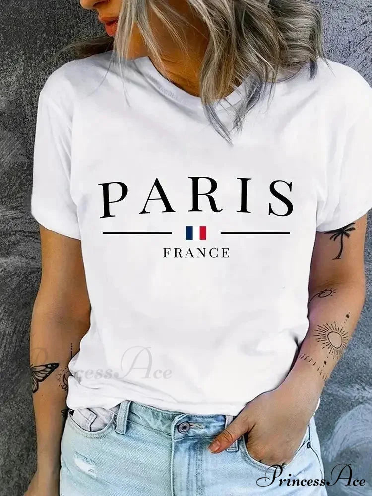 Plus Size PARIS Print Summer & Spring Casual Sleeve Crew Neck Women’s Clothing T-shirt WHITE / L