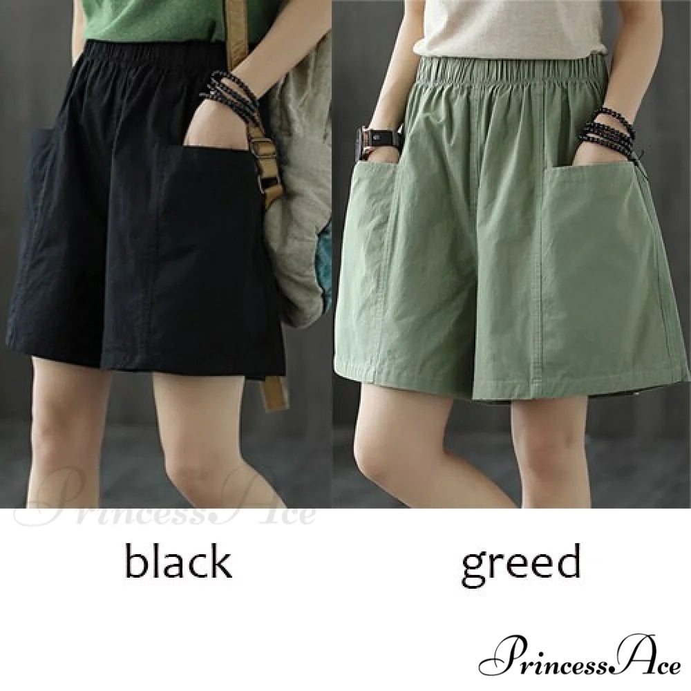Plus Size Pocket Elastic High Waist Shorts black and green / M