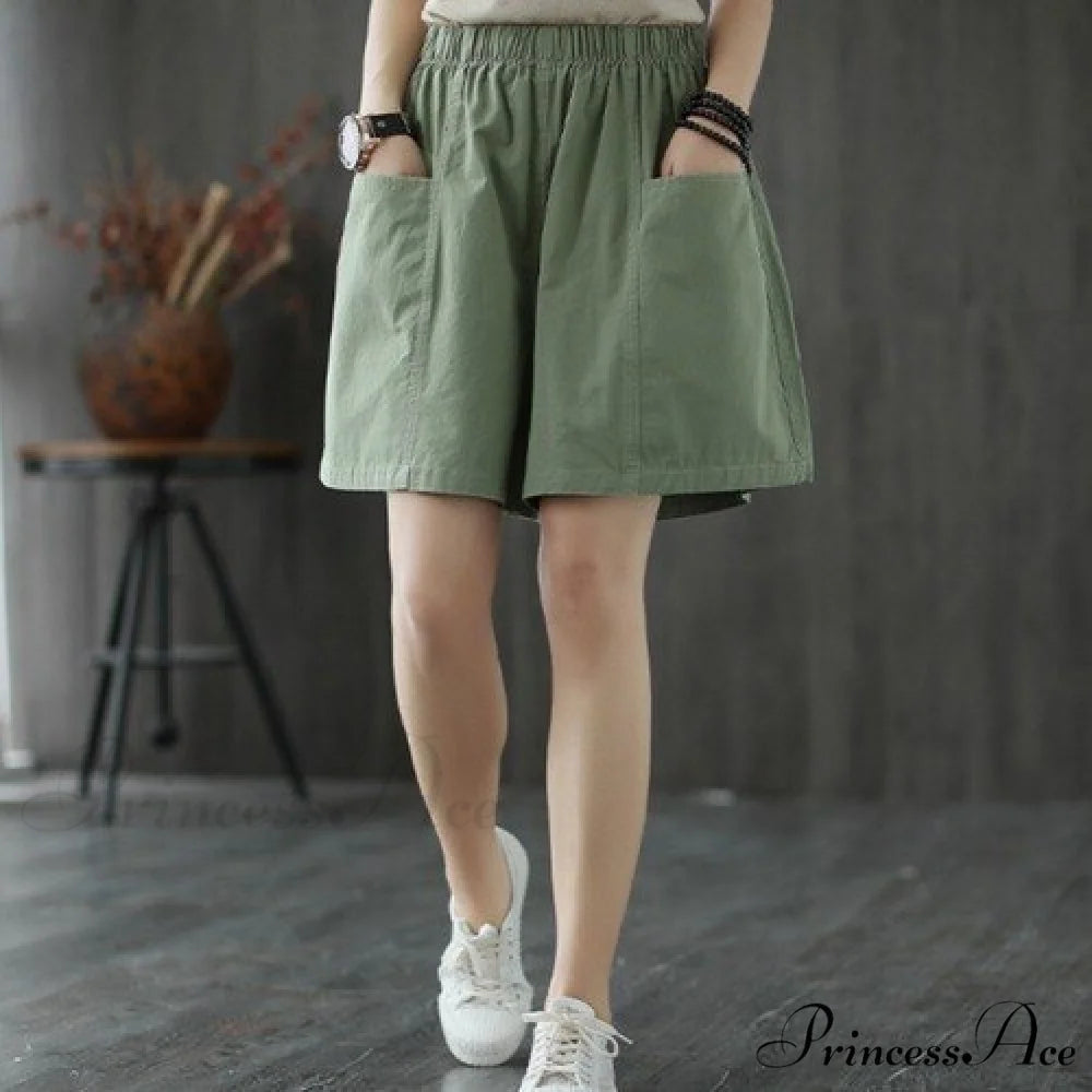 Plus Size Pocket Elastic High Waist Shorts green / M