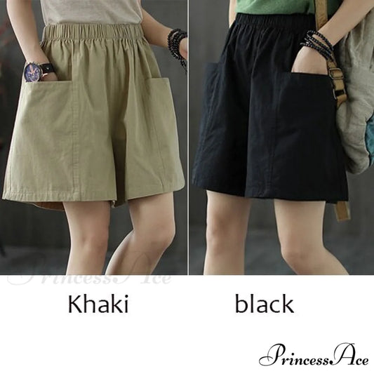 Plus Size Pocket Elastic High Waist Shorts Khaki and black / M