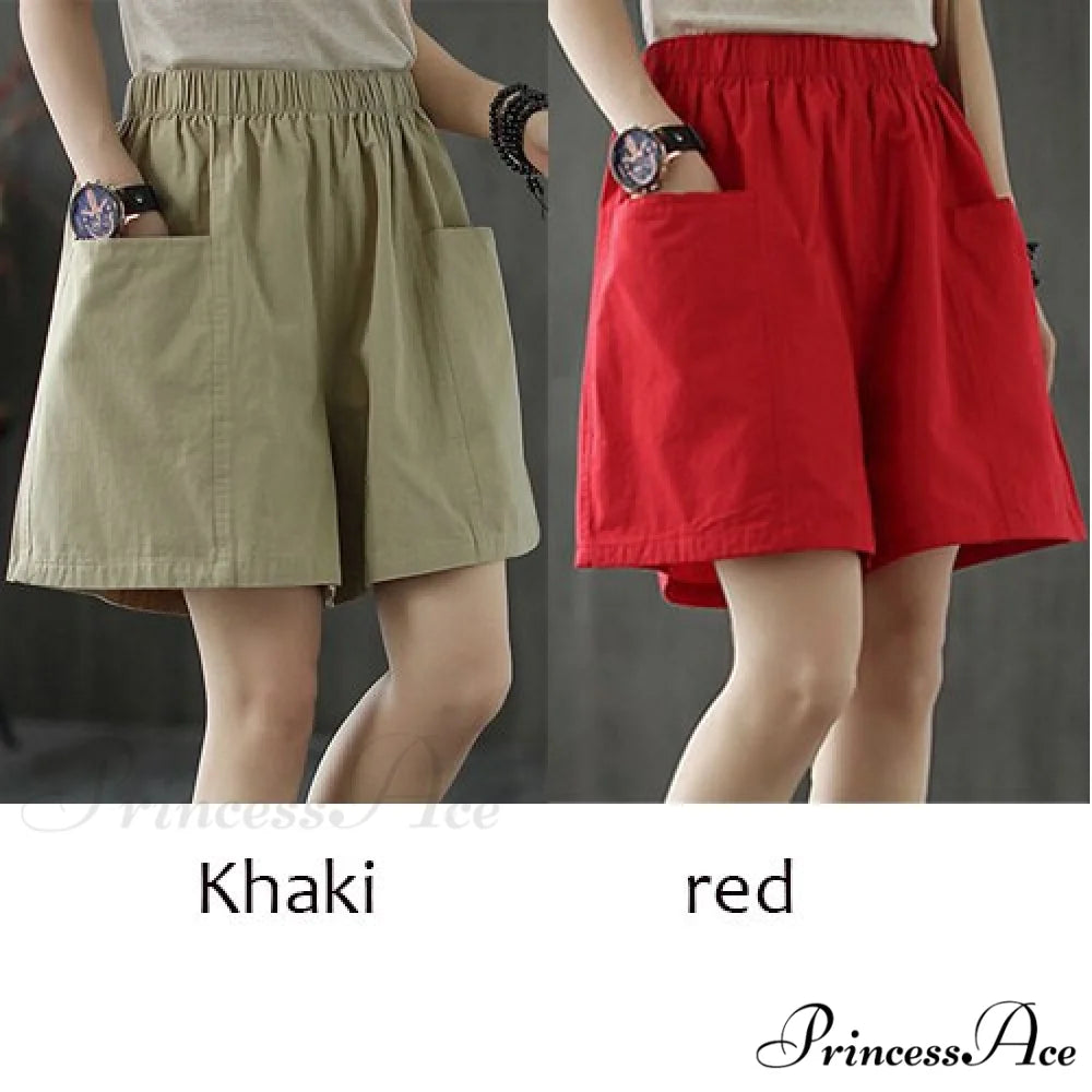 Plus Size Pocket Elastic High Waist Shorts Khaki and red / M