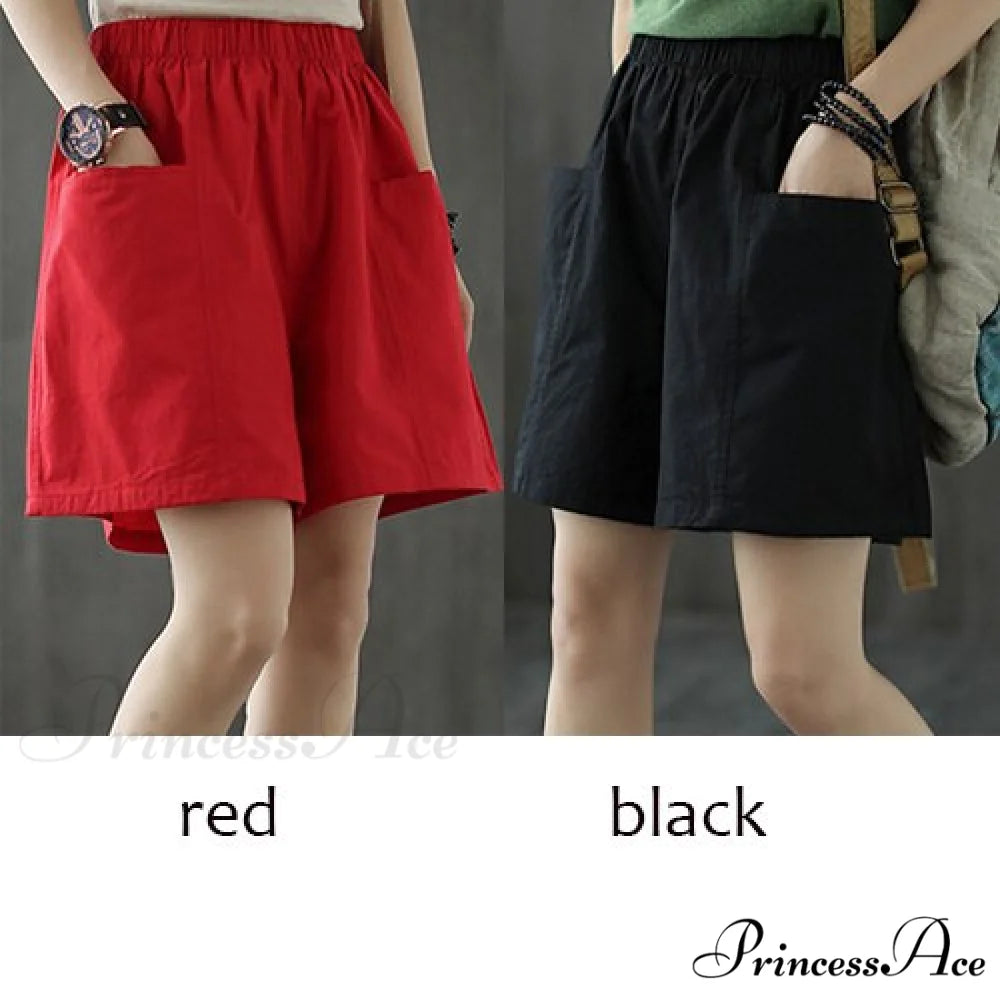 Plus Size Pocket Elastic High Waist Shorts red and black / M