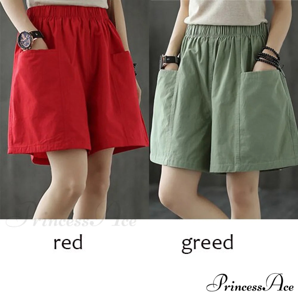 Plus Size Pocket Elastic High Waist Shorts red and green / M