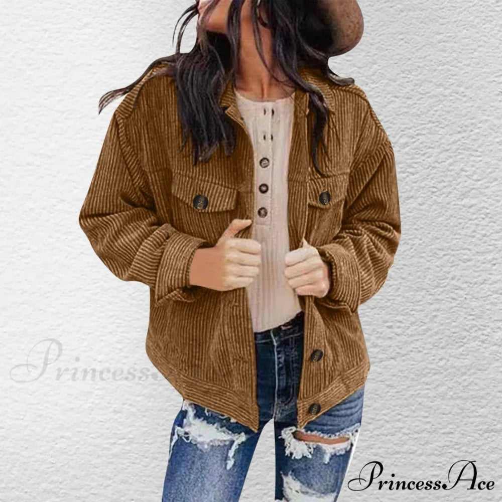 Plus Size Solid Button Chic Stylish Elegant Fashionable Versatile Lapel Pocket Corduroy Winter Jacket Khaki / S