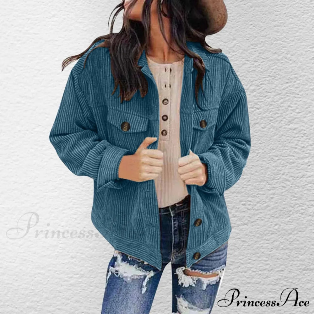 Plus Size Solid Button Chic Stylish Elegant Fashionable Versatile Lapel Pocket Corduroy Winter Jacket Light Blue / S