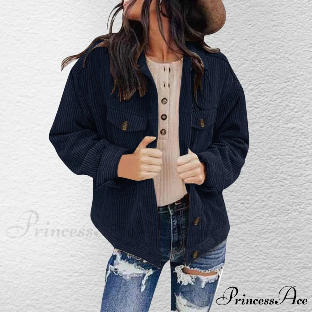 Plus Size Solid Button Chic Stylish Elegant Fashionable Versatile Lapel Pocket Corduroy Winter Jacket Navy / S