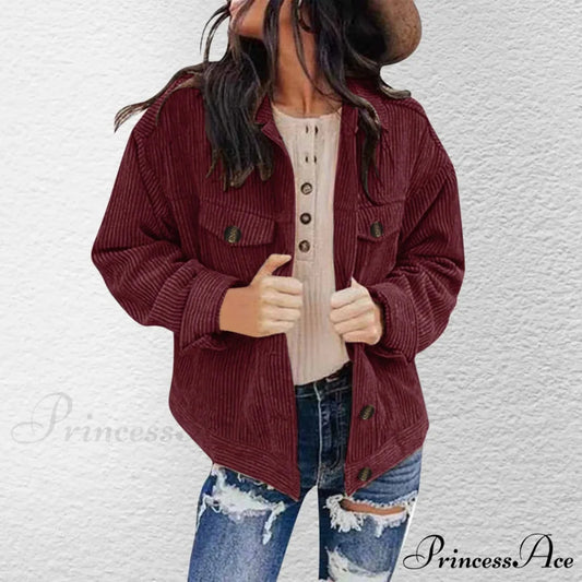 Plus Size Solid Button Chic Stylish Elegant Fashionable Versatile Lapel Pocket Corduroy Winter Jacket Wine / S