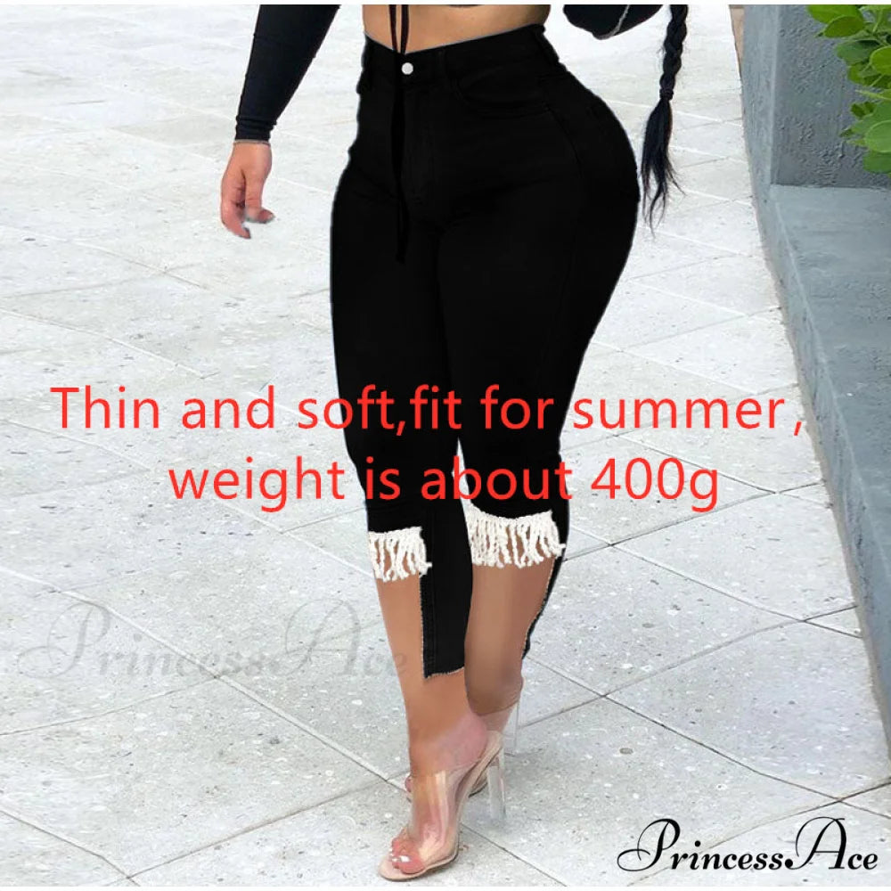 Plus Size Tassel Patchwork Vintage Stretchy Capris Black / XL