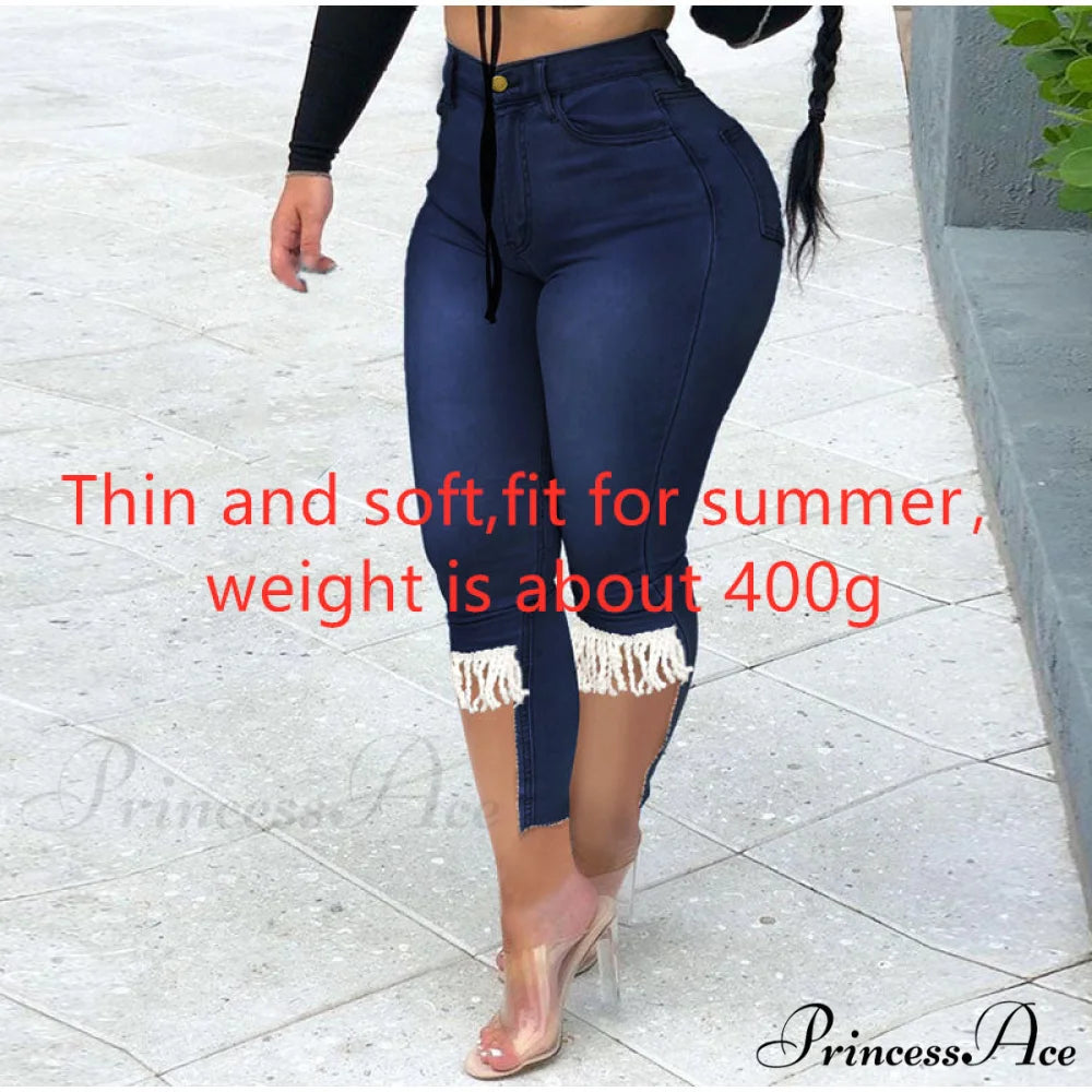 Plus Size Tassel Patchwork Vintage Stretchy Capris Dark Blue / XL