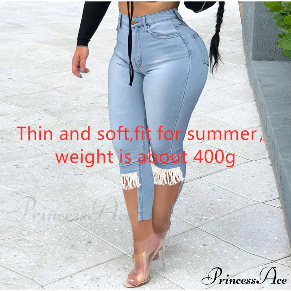 Plus Size Tassel Patchwork Vintage Stretchy Capris Light Blue / XL