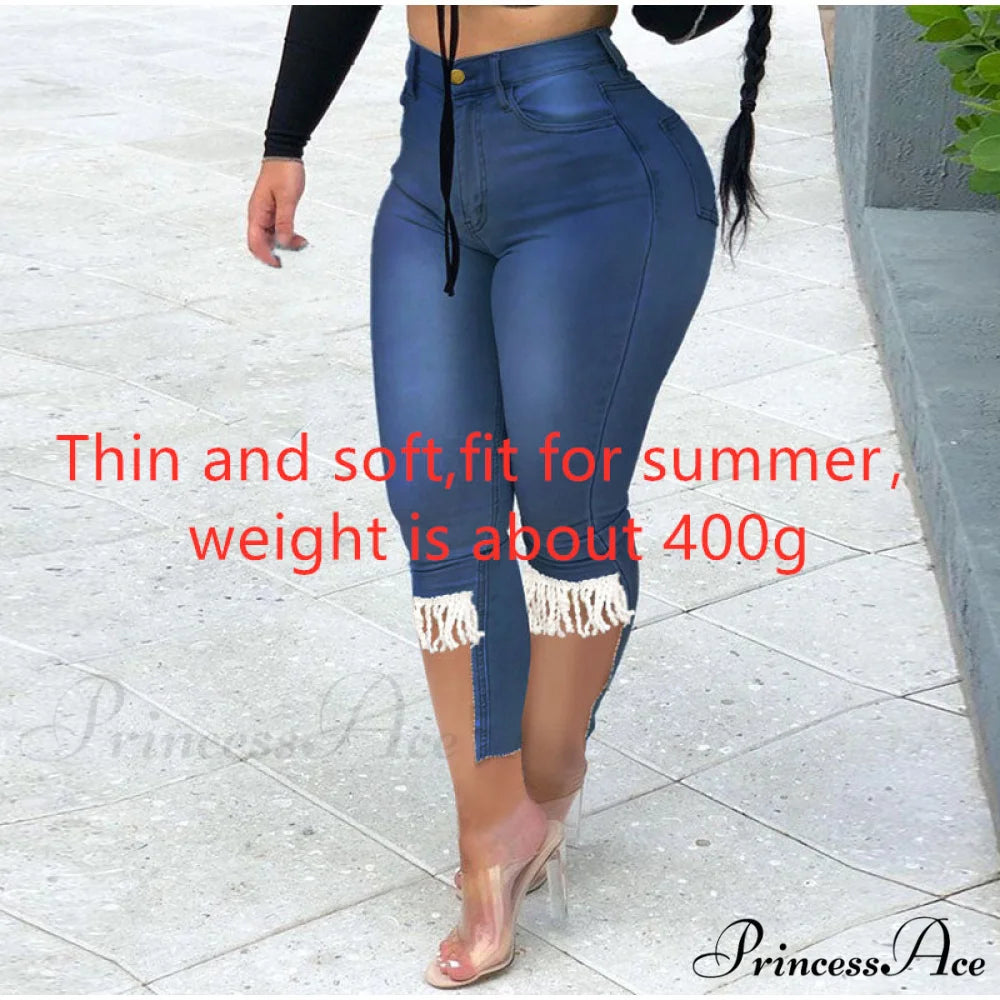 Plus Size Tassel Patchwork Vintage Stretchy Capris Mid Blue / XL