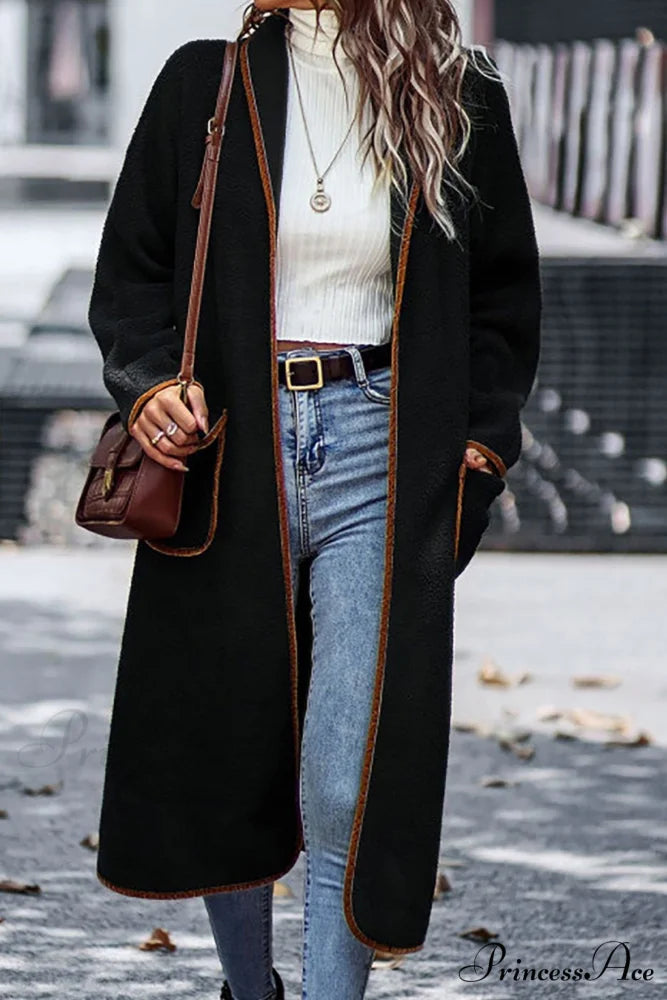 Plush Cardigan with Lapel Pocket Black / S