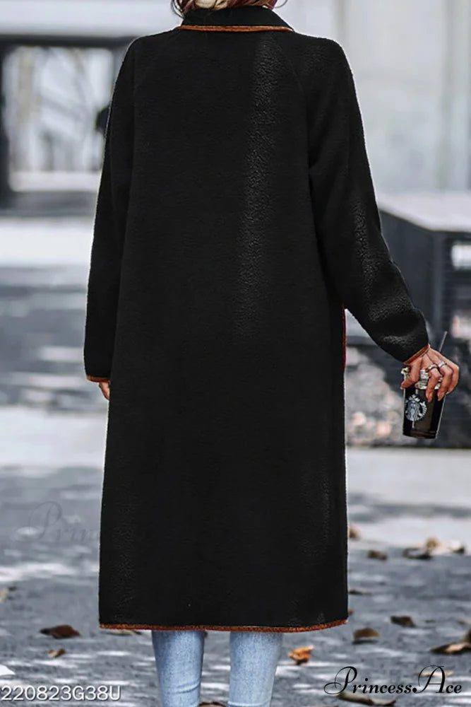 Plush Cardigan with Lapel Pocket Black / XL