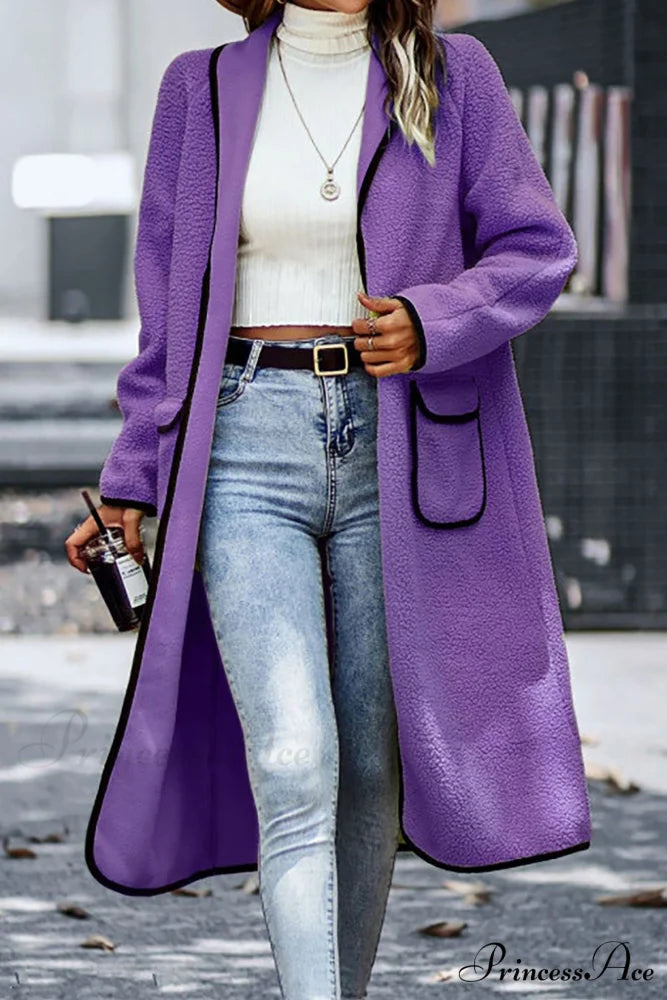 Plush Cardigan with Lapel Pocket Purple / S