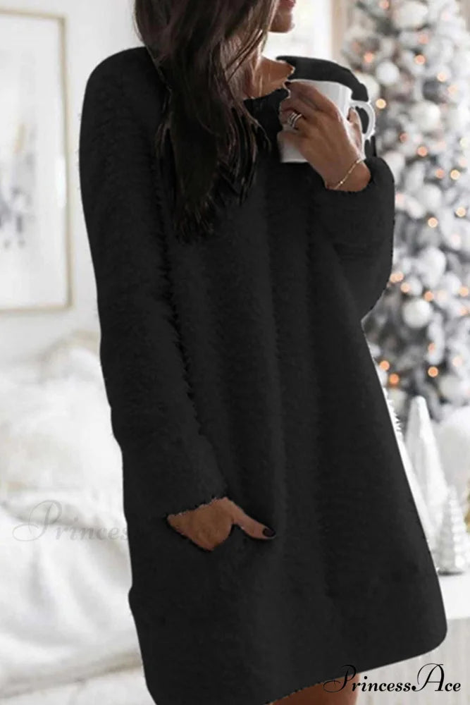 Plush Crew Neck Dress with Pocket Black / S
