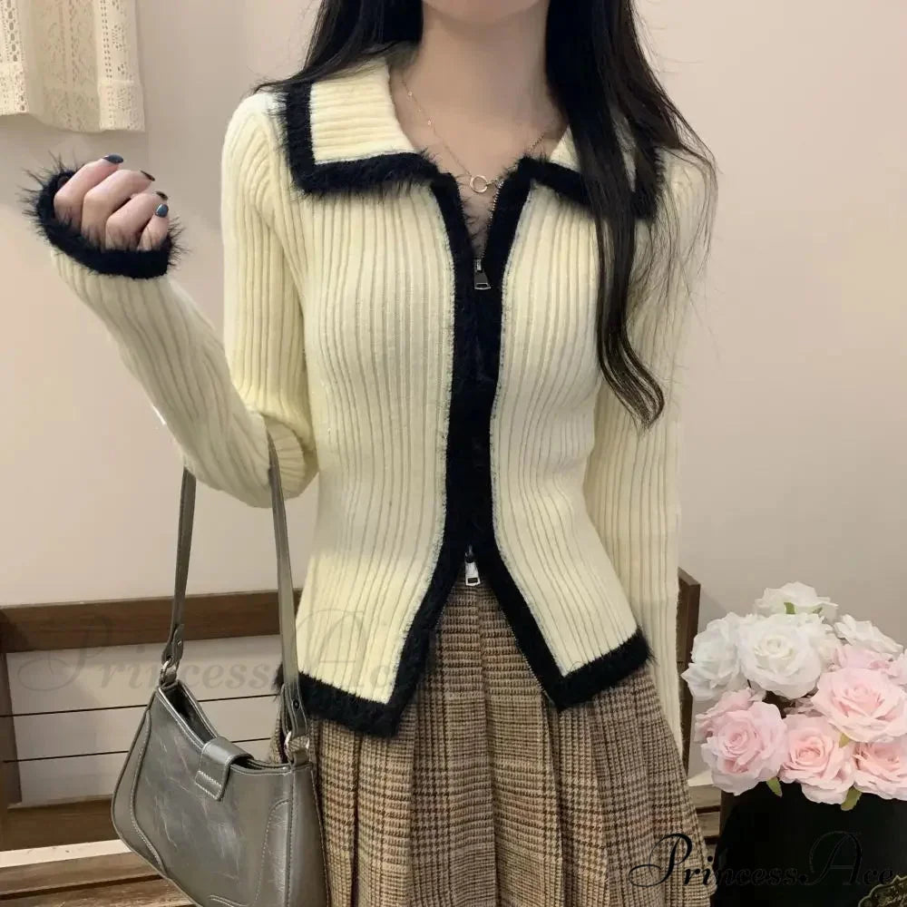 Plush Knitted Slim-fit Zipper Cardigan Apricot / S