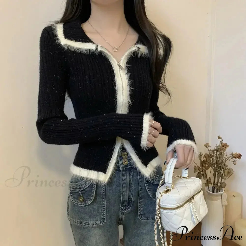 Plush Knitted Slim-fit Zipper Cardigan Black / S