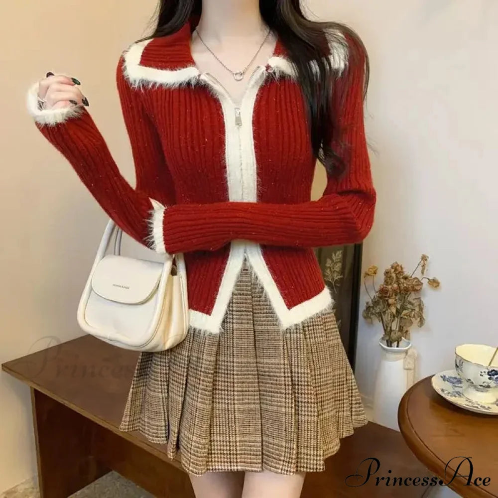 Plush Knitted Slim-fit Zipper Cardigan Red / S