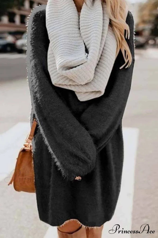 Plush Long Sleeve Crew Neck Dress Black / S