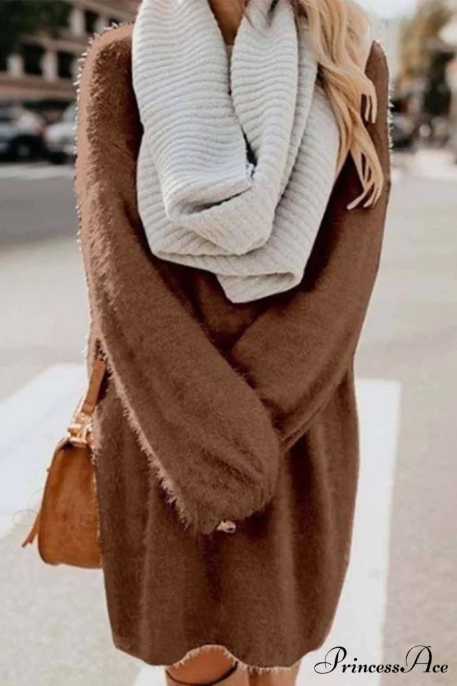 Plush Long Sleeve Crew Neck Dress Brown / S