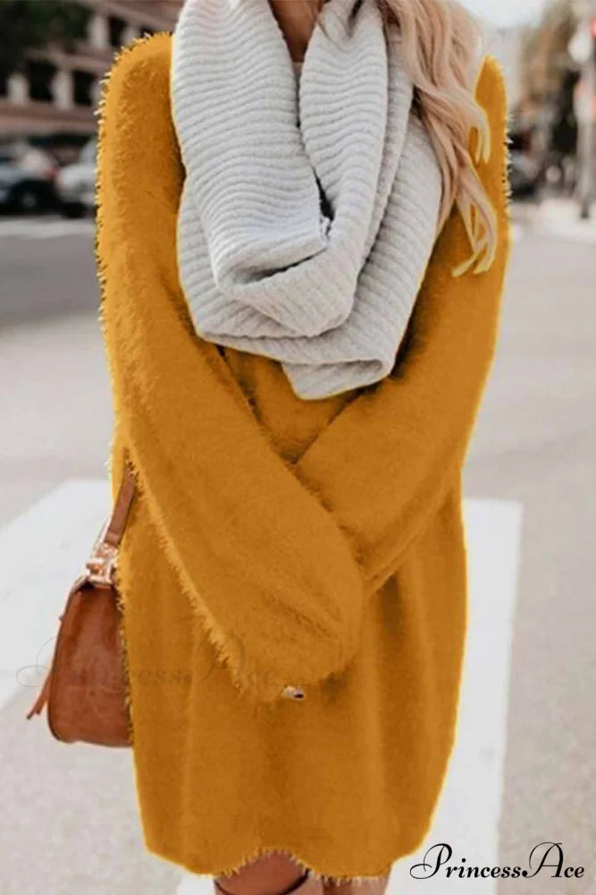 Plush Long Sleeve Crew Neck Dress Gold / S